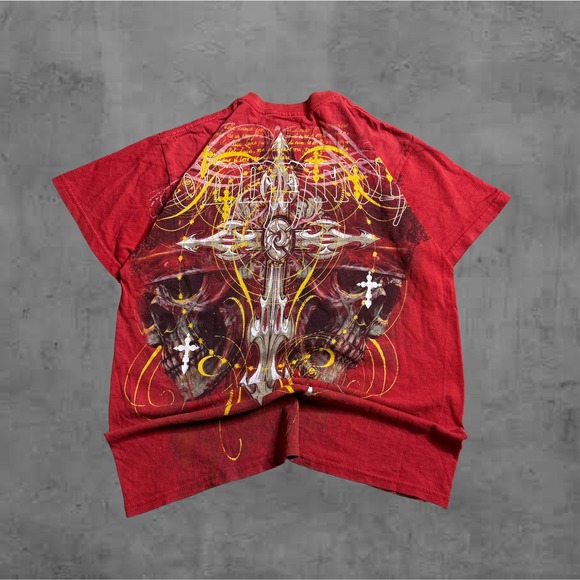 Vintage MMA Elite Red Graphic T Shirt Men's Lion Skulls Cross Print Short Sleeve - Picture 3 of 5